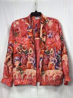 Vintage Natalie & Me Silk Coral Abstract Print Bomber Jacket Sz.S